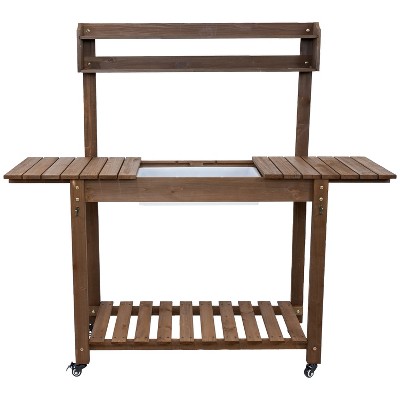 Outsunny 36" Wooden Potting Bench With Sink & Wheels - Gardening Work Table