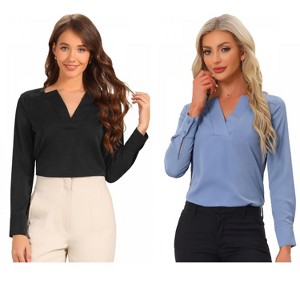 INSPIRE CHIC Women's Elegant Long Sleeve V Neck Work Office Blouse 2 Packs - 1 of 4