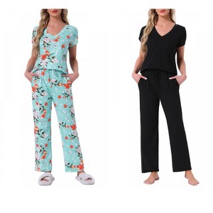 INSPIRE CHIC Women's 2 Pcs Short-Sleeve V-neck Tee & Drawstring Pants Pajama Sets with Pockets - 1 of 4