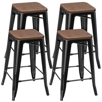 Mjkone Wood and Metal Bar Stools Backless - Dark Brown / 3 Pcs