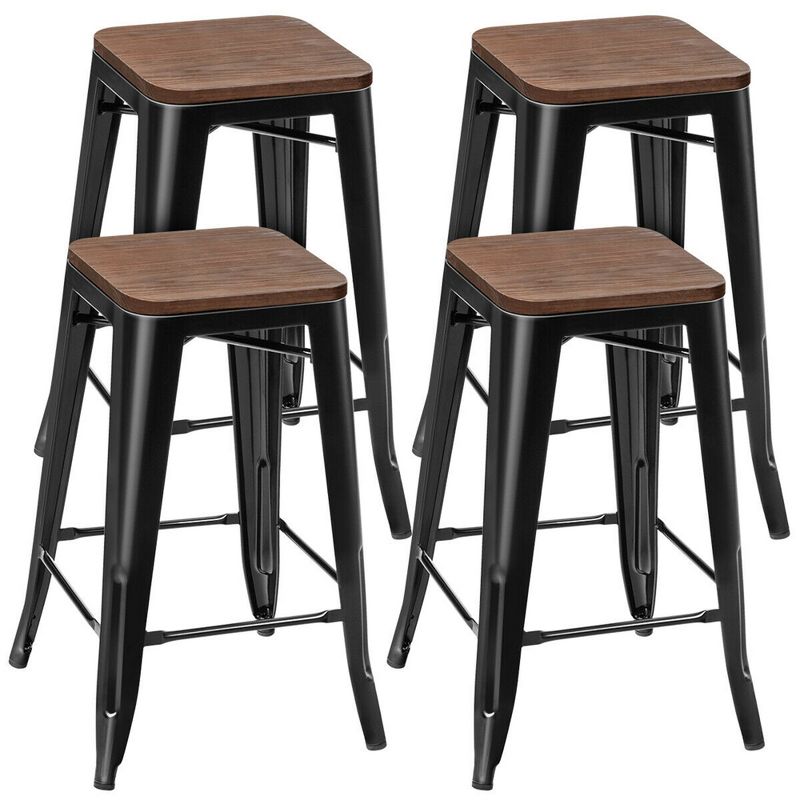 Costway Set of 4 Counter Height Backless Barstool 26'' Metal Stackable Stool w/Wood Seat, 1 of 13