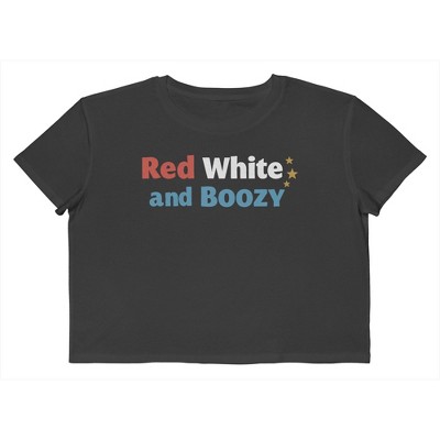 Rerun Island Women's Red White And Boozy Golden Star Americana 4Th Of July Short Sleeve Graphic Cotton Cropped Loose T-shirt - Caviar M