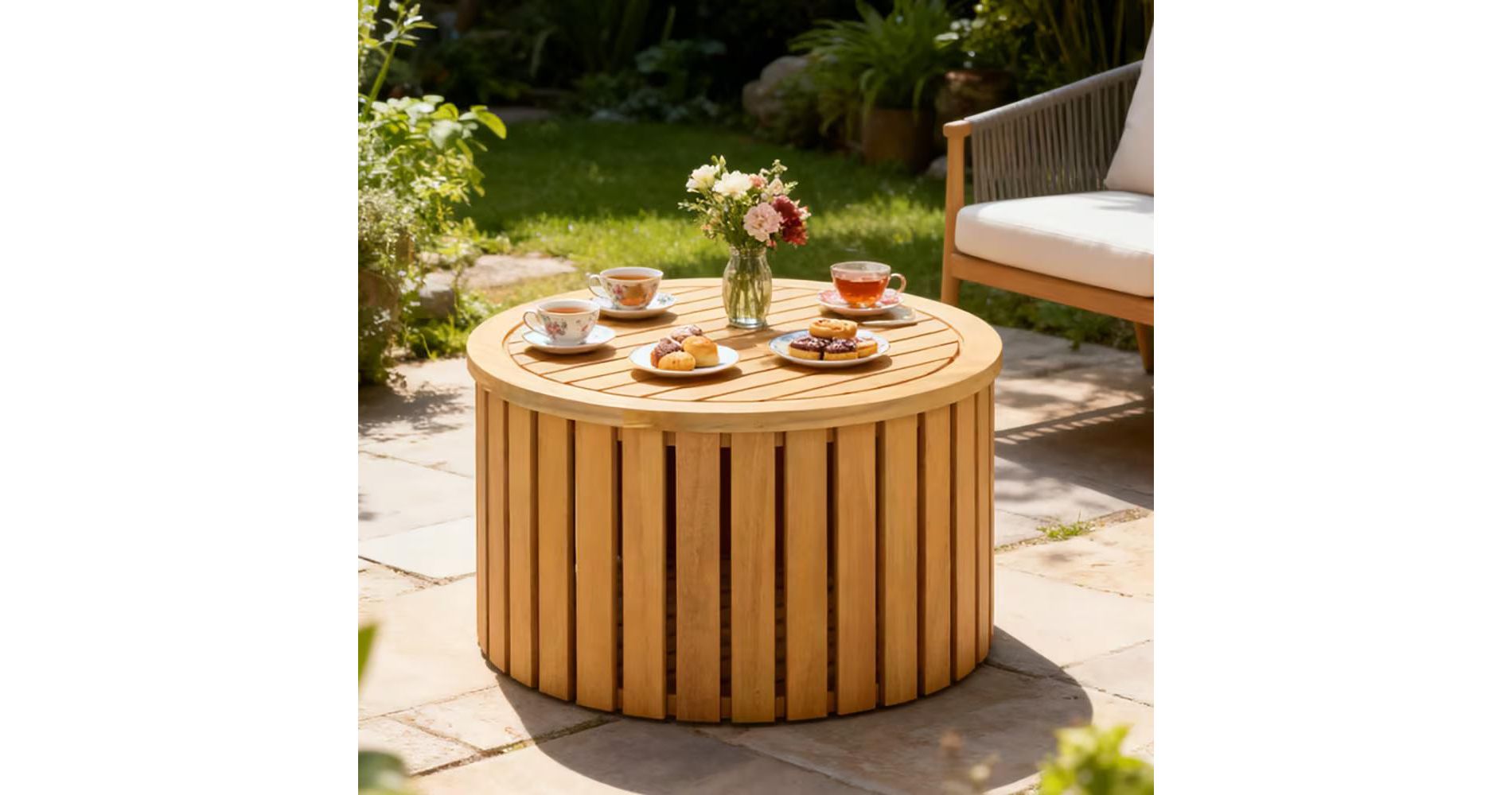 2-in-1 Round Acacia Wood Outdoor Side Table with Storage, Slatted Patio End Table with Umbrella Hole & Detachable Top