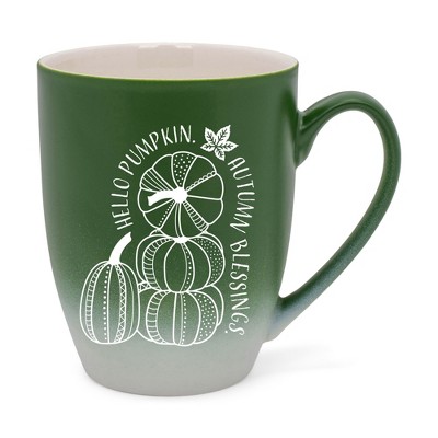 Elanze Designs Hello Pumpkin Autumn Blessings Two Toned Ombre Matte Green and White 12 ounce Ceramic Stoneware Coffee Cup Mug