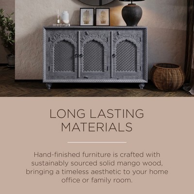 Gray Distressed Handmade Wooden Sideboard with Carved Doors
