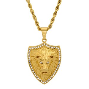 Steeltime 30" 18k gold plated stainless steel and simulated diamond lion shield pendant - 1 of 4