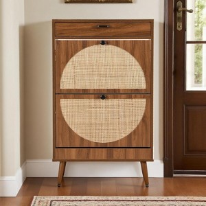 Brafabhome Narrow Shoe Storage Cabinet with 2 Flip Drawers, Rattan Floor Shoe Holder with Shelves & Sturdy Metal Legs for Entryway | 12 Pairs - 1 of 4