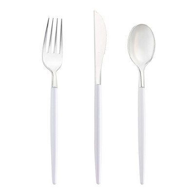 Smarty Had A Party Silver w/ White Handle Moderno Plastic Cutlery Set - 240 Guests