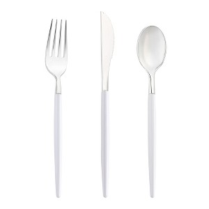 Smarty Had A Party Silver w/ White Handle Moderno Plastic Cutlery Set - 240 Guests - 1 of 4