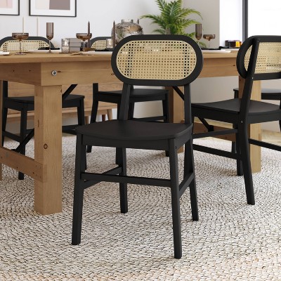 Black Wood and Cane High Back Dining Chairs, Set of 2