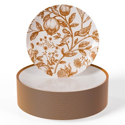 Elegant White and Brown Floral Disposable Plastic Plate Set