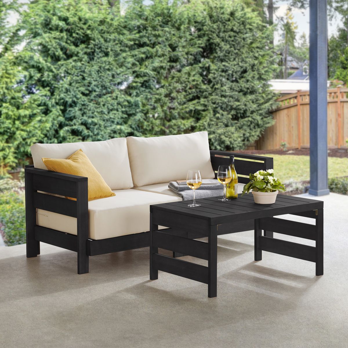 Alaterre Furniture Barton Patio Loveseat with Outdoor Coffee Table - Weather-Resistant Eucalyptus Wood Patio Furniture Set - 2 Seater (Black) - thumbnail 6