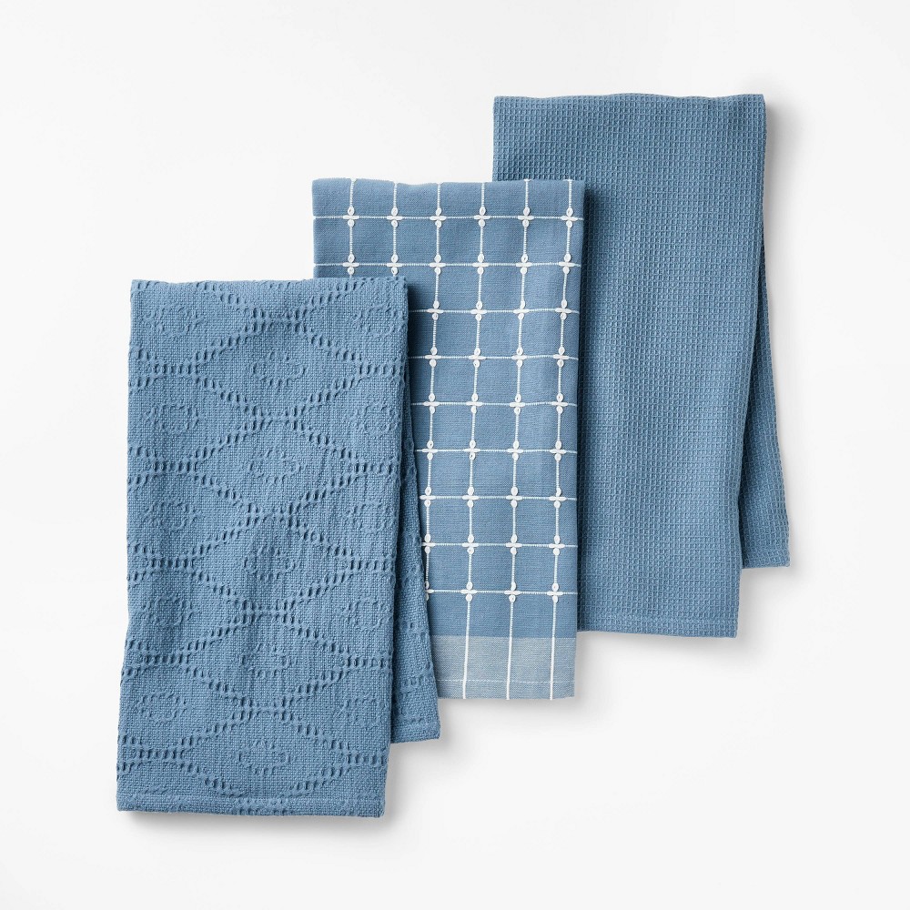 Photos - Other Accessories 3pc Kitchen Towels Blue - Figmint™: Cotton Check & Jacquard Dish Towels, 28"x18", OEKO-TEX Certified