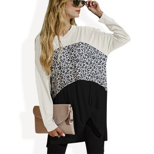 Anna-Kaci Women's Color Block Tunic Top with Leopard Print Detail - 1 of 4