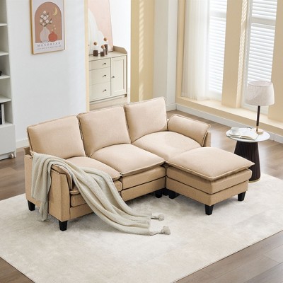 HYLEORY 75.59'' Width Modern Linen Flannel Fabric L-Shaped Sectional Sofa with Ottoman for living room
