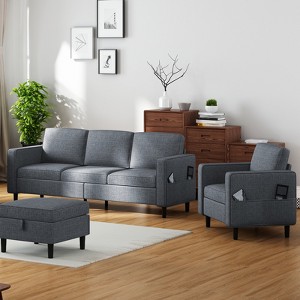 Mjkone Convertible Linen 3-Seater Sofa with Storage Ottoman&Single Sofa Chair with Side Pocket - 1 of 4