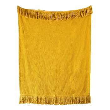 Hand Woven Fringed Throw Blanket Mustard Cotton by Foreside Home & Garden