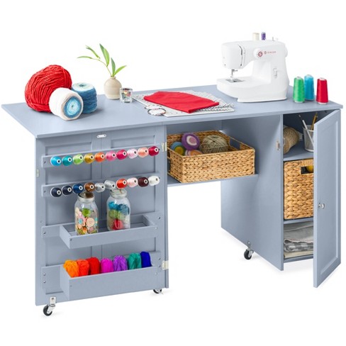 Costway White Folding Sewing Craft Table With Storage Shelves Cabinet  Lockable Wheels : Target