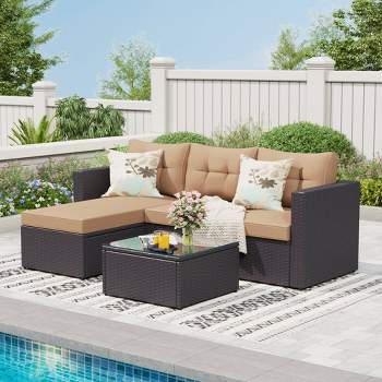 3pc Steel & Wicker Outdoor Conversation Set with Square Coffee Table & Cushions - Captiva Designs
