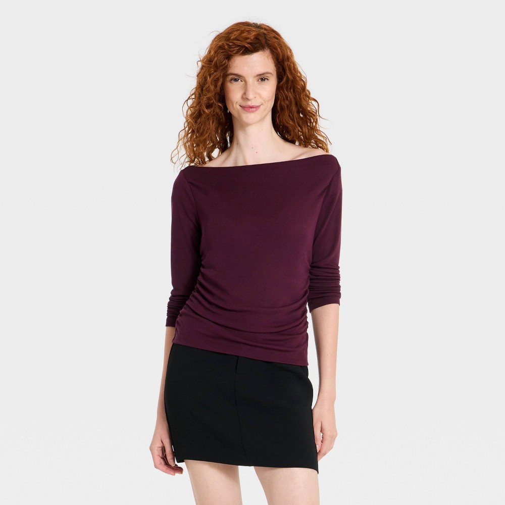 Women's Long Sleeve Featherweight Boat Neck Ruched T-Shirt - A New Day™ Maroon XS