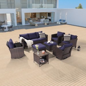 Sonkuki 8-Piece Patio Conversation Set with Swivel Rocking Chair and Side Table, Navy Blue Cushion - 1 of 4