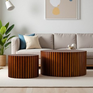 Wood Relief Round Coffee Table with Pedestal - 1 of 4