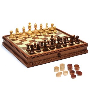 French Staunton Chess & Checkers Set - Weighted Pieces, Brown & Natural Wooden Board with Storage Drawers - 15 in. - 1 of 4