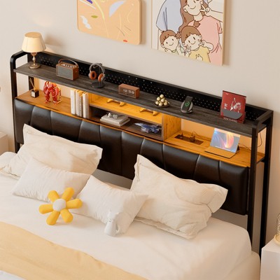 Aheaplus Upholstered Headboard with Storage Shelf, Charging Station and LED Light