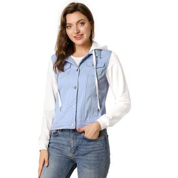 Allegra K Women's Regular Fit Layered Drawstring Hood Denim Jacket with Pockets