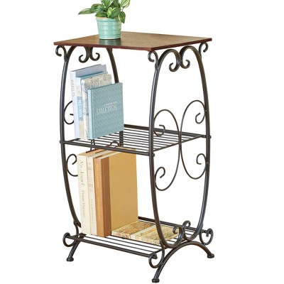 Collections Etc 3-Tier Metal Shelves with Cherry Finish Wood Top End Table 14.25 X 12 X 26 Black N/A