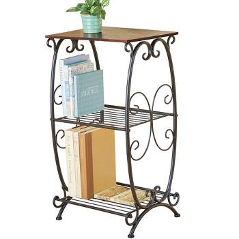 Collections Etc 3-Tier Metal Shelves with Cherry Finish Wood Top End Table 14.25 X 12 X 26 N/A