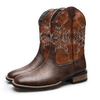 Santimon Western Cowboy Boots Mid-Calf Dress Knight Boots, Embroidered Shaft, Square Toe, Stacked Heel Dark Brown