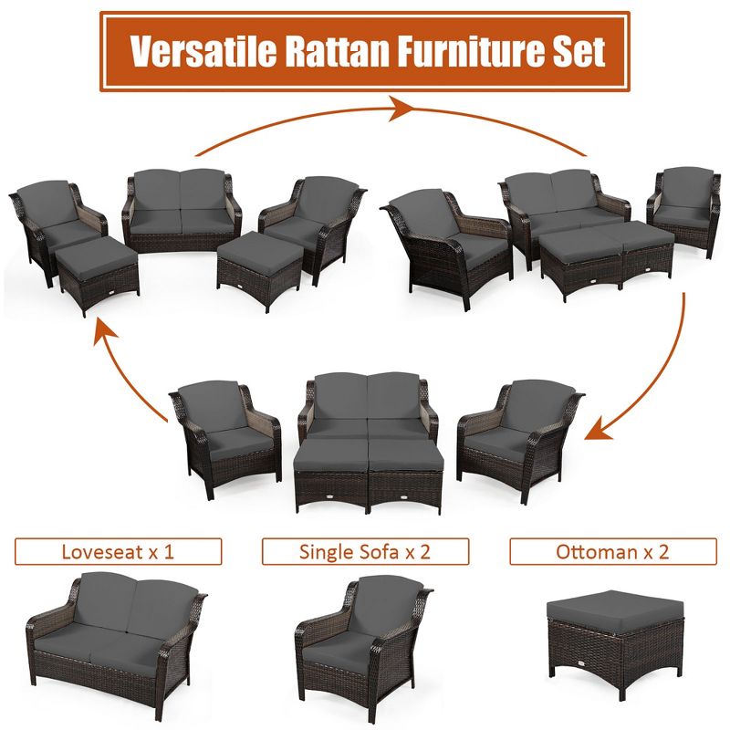 Costway 5PCS Patio Rattan Furniture Set Loveseat Sofa Ottoman W/Red\White Cushion, 4 of 9