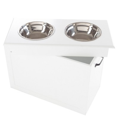 White Elevated Dog Bowls with Hidden Storage and Stainless Steel