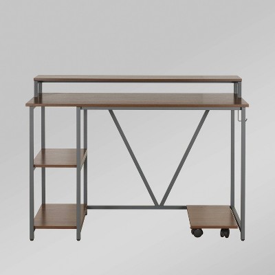 Modern Industrial Walnut Writing Desk with Steel Frame and CPU Caddy