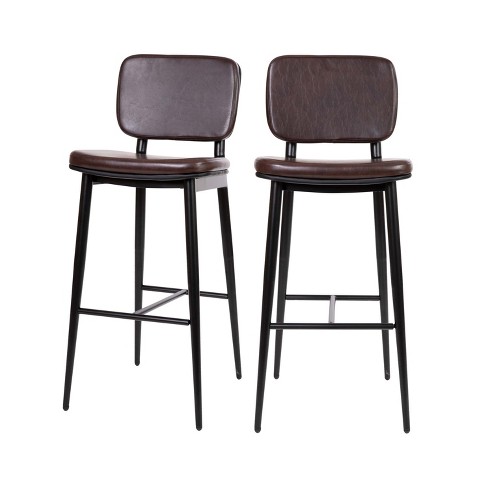 Flash Furniture Kenzie Commercial Grade Mid Back Barstools Brown LeatherSoft Upholstery Black Iron Frame with Integrated Footrest Set of 2