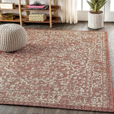 Rugs Non-Slip - 5'3"x7'3" Textured Weave Patio Rug, UV & Stain Resistant Waterproof Carpet Vintage Orange Geometric Design