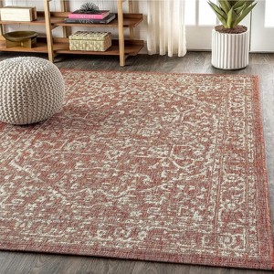 Rugs Non-Slip - 5'3"x7'3" Textured Weave Patio Rug, UV & Stain Resistant Waterproof Carpet Vintage Orange Geometric Design - 1 of 4