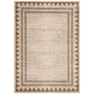 Washable Geometric Bordered Living Room Rugs, Contemporary Non Slip Low Pile Bedroom Carpet, Stain Resistant Dining Room Rugs - 1 of 4