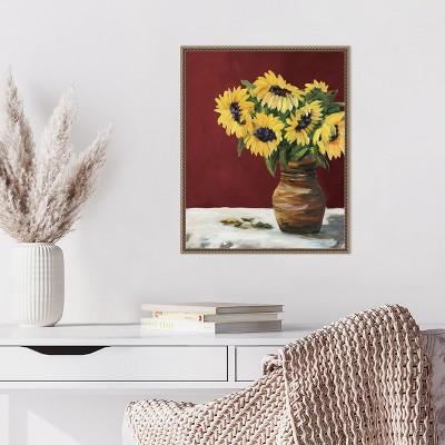 Sunflowers in Maroon Beaded Framed Canvas Wall Art