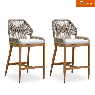 PURPLE LEAF Patio Sunbrella Bar Stools Set of 2 Handwoven Wicker Bar Height Stool Modern Aluminum Outdoor Wicker Barstools with Back and Cushion
