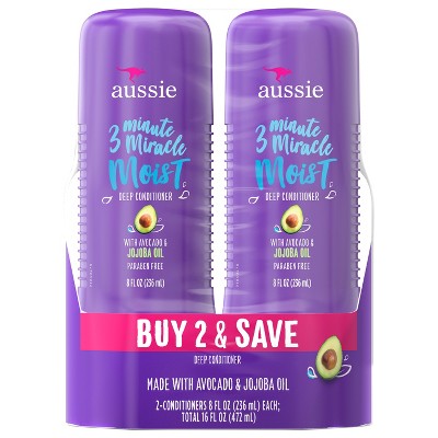 Aussie Paraben-Free Miracle Moist 3 Minute Miracle w/ Avocado for Dry Hair Repair Twin Pack, 8.0 fl oz