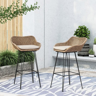 Coolbibila Set of 2 Outdoor Woven Wicker Barstools,Polyethylene Rattan Patio BarStools With Cushions,Modern Patio Low Back Barstools