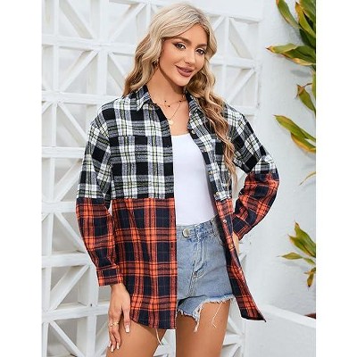 Women's Oversized Casual Plaid Shirt with Contrast Color Button Down Lapel Collar Blouses