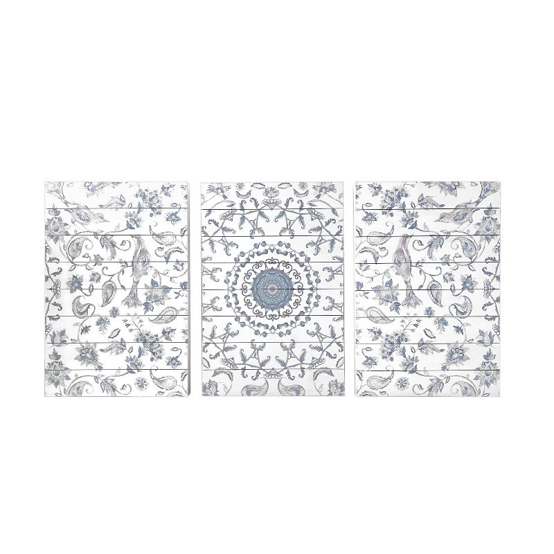 48&#34; x 24&#34; Chinoiserie Pattern Triptych Print on Planked Wood Wall Sign Panel Gray - Gallery 57, 1 of 7