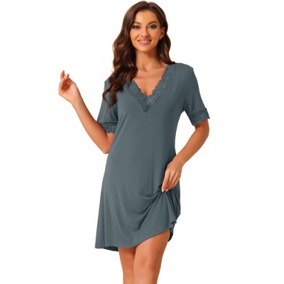cheibear Women's Stretchy Lace Trim V Neck Short Sleeves Pajama Nightgowns