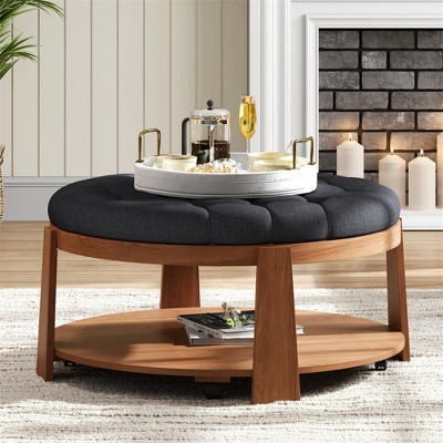 JUJABU Oversized Round Button Tufted Ottoman Coffee Table with Wheels, Wood Shelf and Waterproof Linen for Living Room