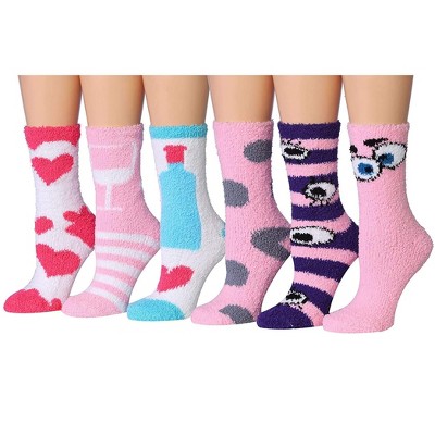 Tipi Toe Women's 6-Pairs Cozy Microfiber Anti-Skid Heart Wine Stripe Cartoon Patterned Soft Fuzzy Crew Socks