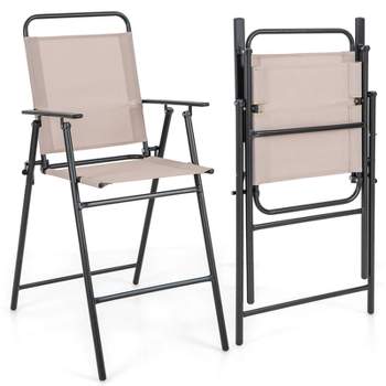 Costway Patio Folding Bar-height Chairs with Armrests Quick-drying Seat Beige Backyard