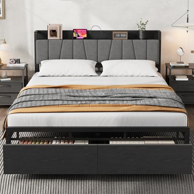 Whizmax Full Size Bed Frame with Upholstered Headboard, Industrial Full Platform Bed with 2 Storage Drawers and Charging Station, No Box Spring Needed